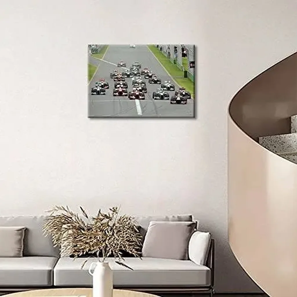 ALAYRA Rustic Home Decor Canvas Art Wall F1 Racing Car Raceway Sports Competition Blue and Red Printed Sports Car Modern Home Decor for Living Room Wall Decor Posters Prints Ready to Hang - 18"W x 12" - Image 2