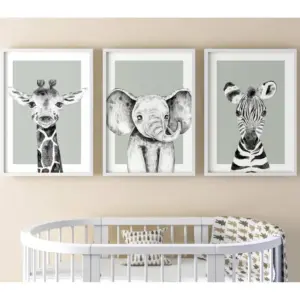ALAYRA Safari Animals Baby Girl Boy Set of 3 Nursery Unframed Bedroom Decor Wall Art Posters, Black and White Elephant Giraffe Zebra, Green Background (12x16) 01