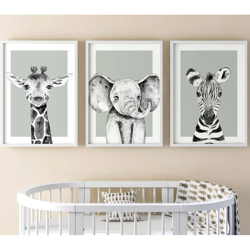 ALAYRA Safari Animals Baby Girl Boy Set of 3 Nursery Unframed Bedroom Decor Wall Art Posters, Black and White Elephant Giraffe Zebra, Green Background (12x16) 01
