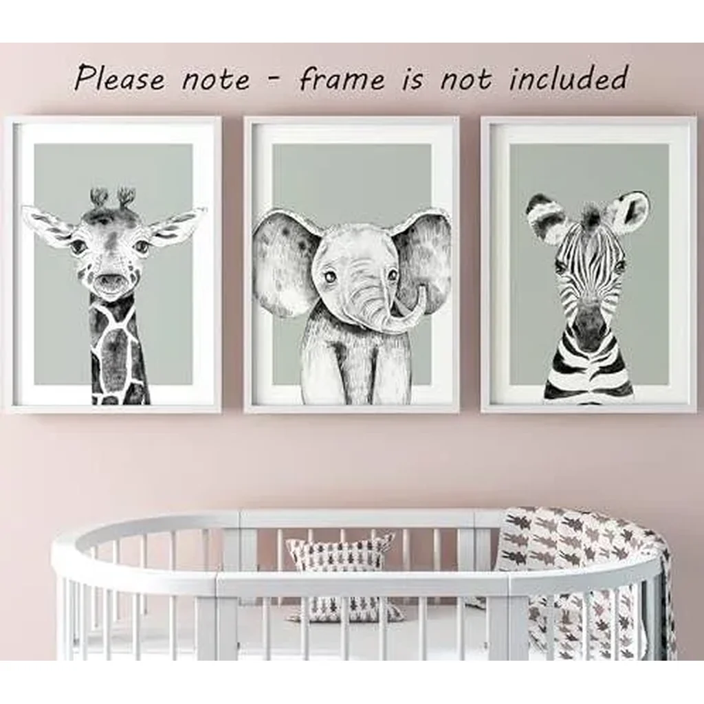 ALAYRA Safari Animals Baby Girl Boy Set of 3 Nursery Unframed Bedroom Decor Wall Art Posters, Black and White Elephant Giraffe Zebra, Green Background (12x16) 01 - Image 2