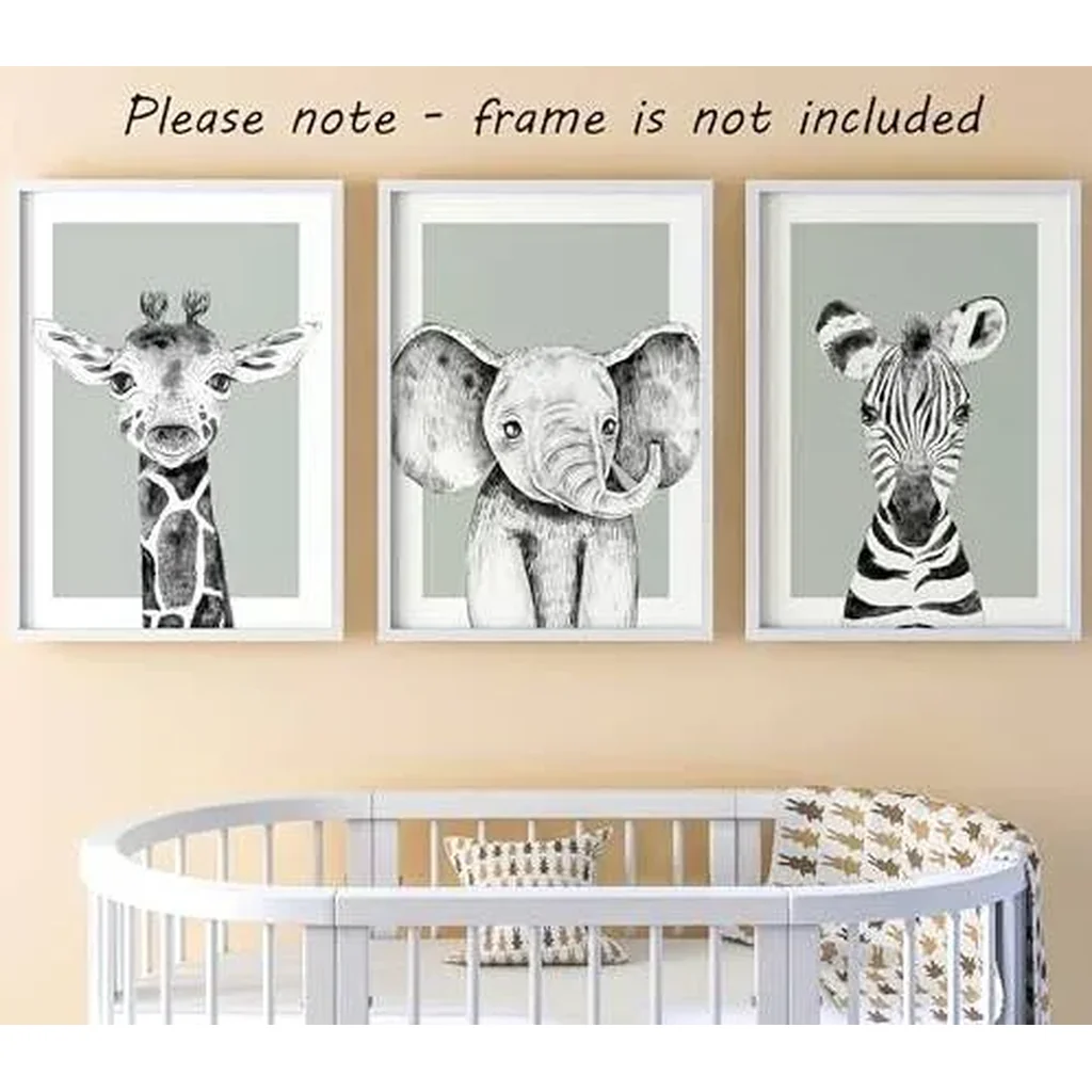 ALAYRA Safari Animals Baby Girl Boy Set of 3 Nursery Unframed Bedroom Decor Wall Art Posters, Black and White Elephant Giraffe Zebra, Green Background (12x16) 01 - Image 3