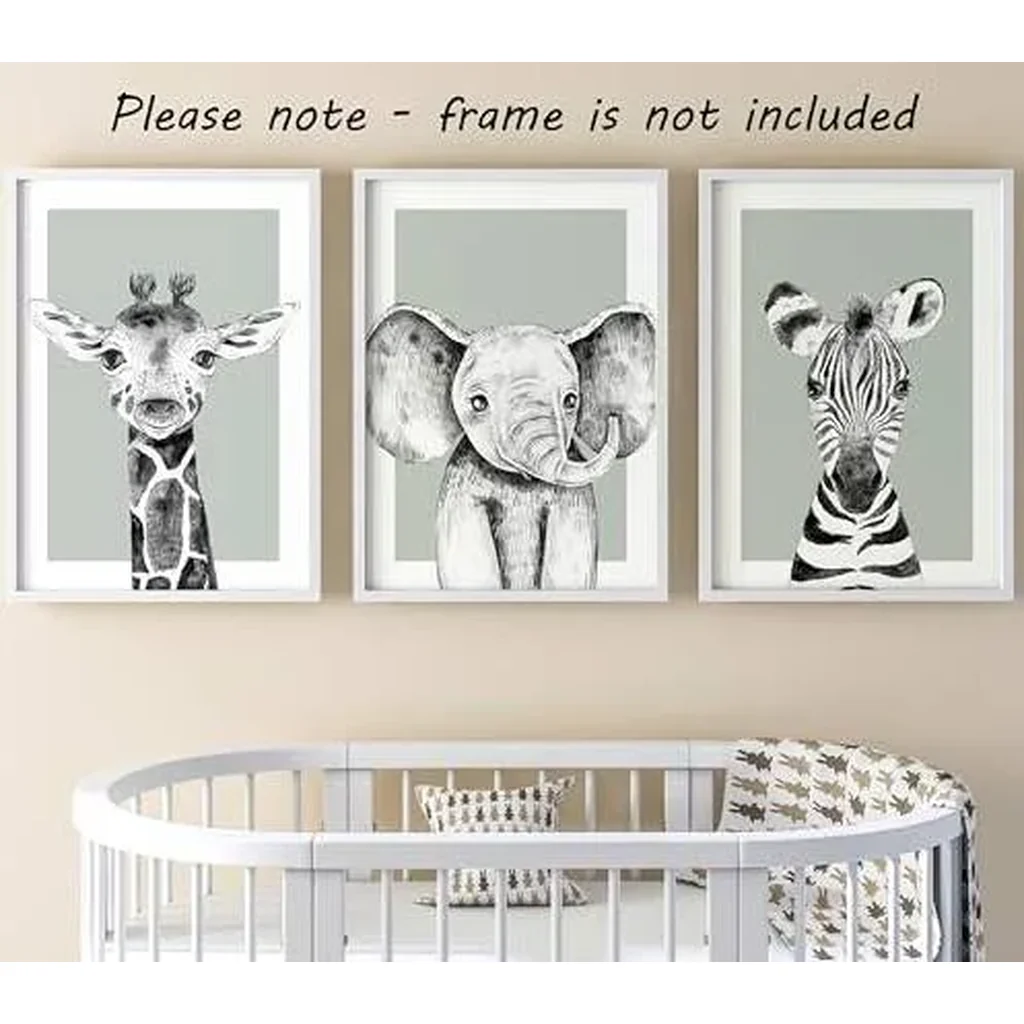 ALAYRA Safari Animals Baby Girl Boy Set of 3 Nursery Unframed Bedroom Decor Wall Art Posters, Black and White Elephant Giraffe Zebra, Green Background (12x16) 01 - Image 4