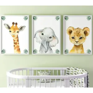 ALAYRA Safari Animals Baby Girl or Boy Nursery Bedroom Set of 3 Unframed Jungle Leaves Nursery Decor Wall Art Gift Present, Giraffe Elephant Lion (A4) 01
