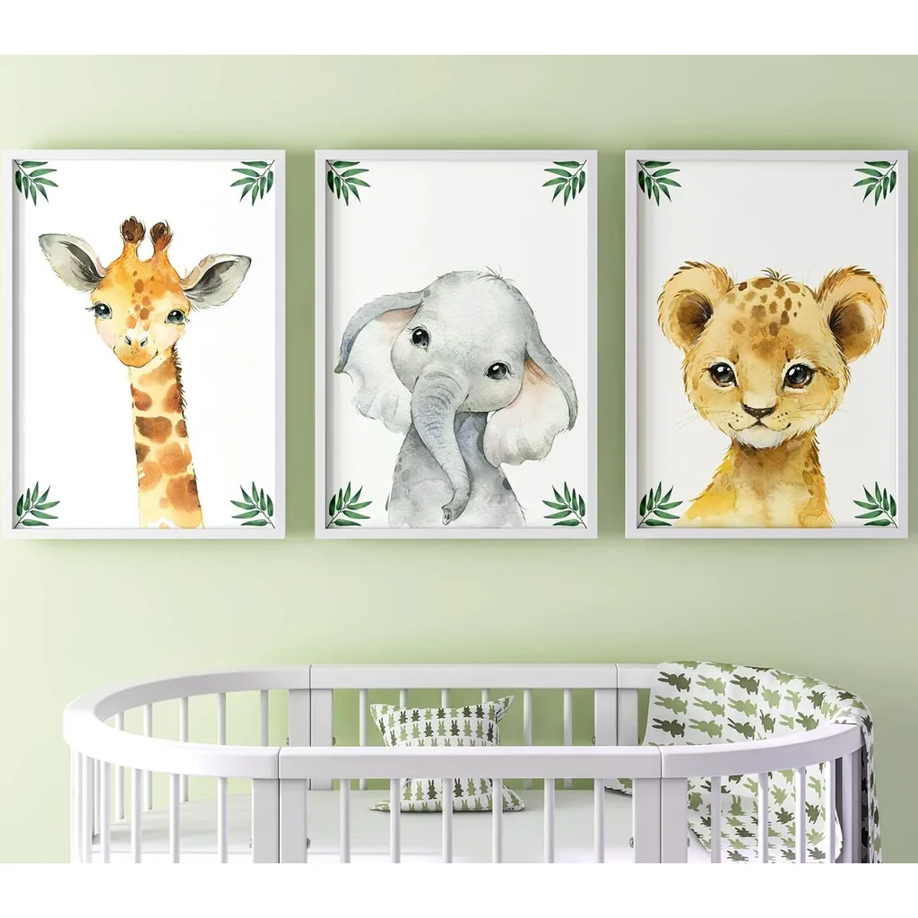 ALAYRA Safari Animals Baby Girl or Boy Nursery Bedroom Set of 3 Unframed Jungle Leaves Nursery Decor Wall Art Gift Present, Giraffe Elephant Lion (A4) 01