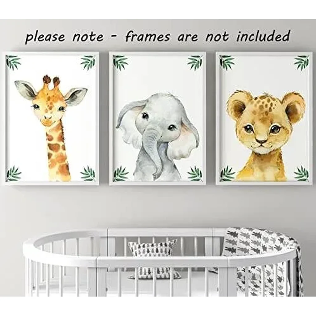 ALAYRA Safari Animals Baby Girl or Boy Nursery Bedroom Set of 3 Unframed Jungle Leaves Nursery Decor Wall Art Gift Present, Giraffe Elephant Lion (A4) 01 - Image 2