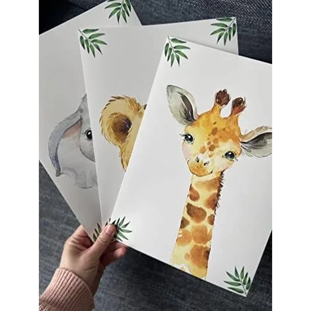 ALAYRA Safari Animals Baby Girl or Boy Nursery Bedroom Set of 3 Unframed Jungle Leaves Nursery Decor Wall Art Gift Present, Giraffe Elephant Lion (A4) 01 - Image 3