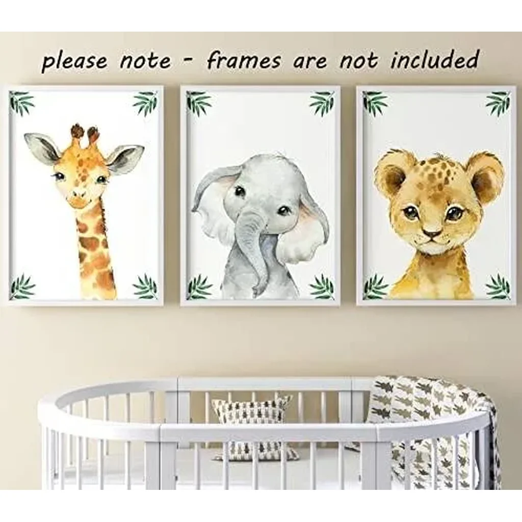 ALAYRA Safari Animals Baby Girl or Boy Nursery Bedroom Set of 3 Unframed Jungle Leaves Nursery Decor Wall Art Gift Present, Giraffe Elephant Lion (A4) 01 - Image 4