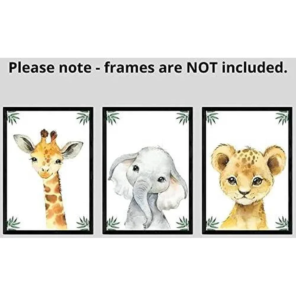 ALAYRA Safari Animals Baby Girl or Boy Nursery Bedroom Set of 3 Unframed Jungle Leaves Nursery Decor Wall Art Gift Present, Giraffe Elephant Lion (A4) 01 - Image 6