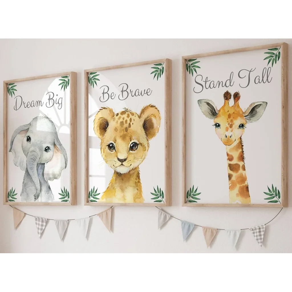 ALAYRA Safari Animals Baby Girl or Boy Nursery Bedroom Set of 3 Unframed Jungle Leaves Quote Nursery Decor Wall Art Gift Present, Giraffe Elephant Lion, Stand Tall Dream Big Be Brave (A3) 01