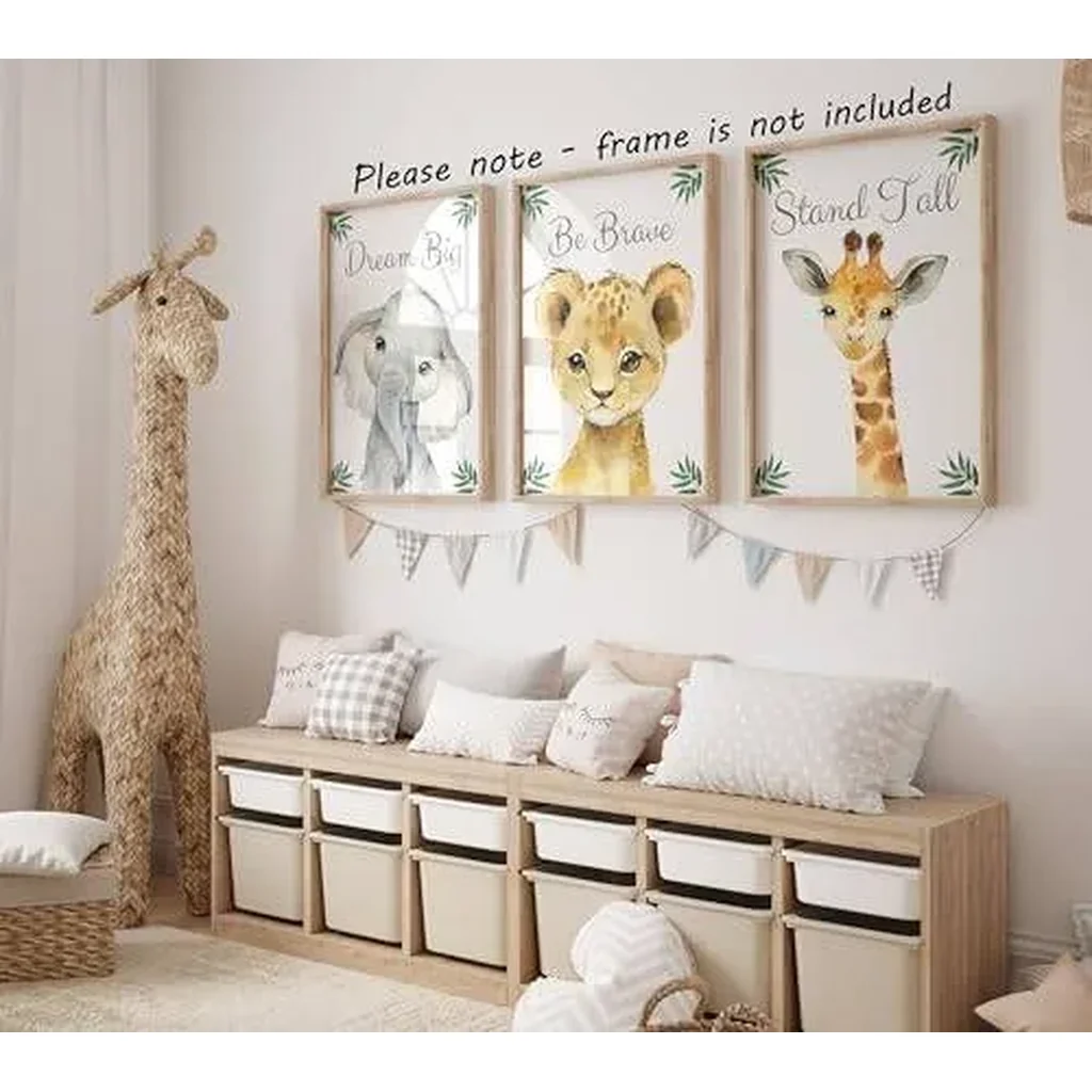 ALAYRA Safari Animals Baby Girl or Boy Nursery Bedroom Set of 3 Unframed Jungle Leaves Quote Nursery Decor Wall Art Gift Present, Giraffe Elephant Lion, Stand Tall Dream Big Be Brave (A3) 01 - Image 2
