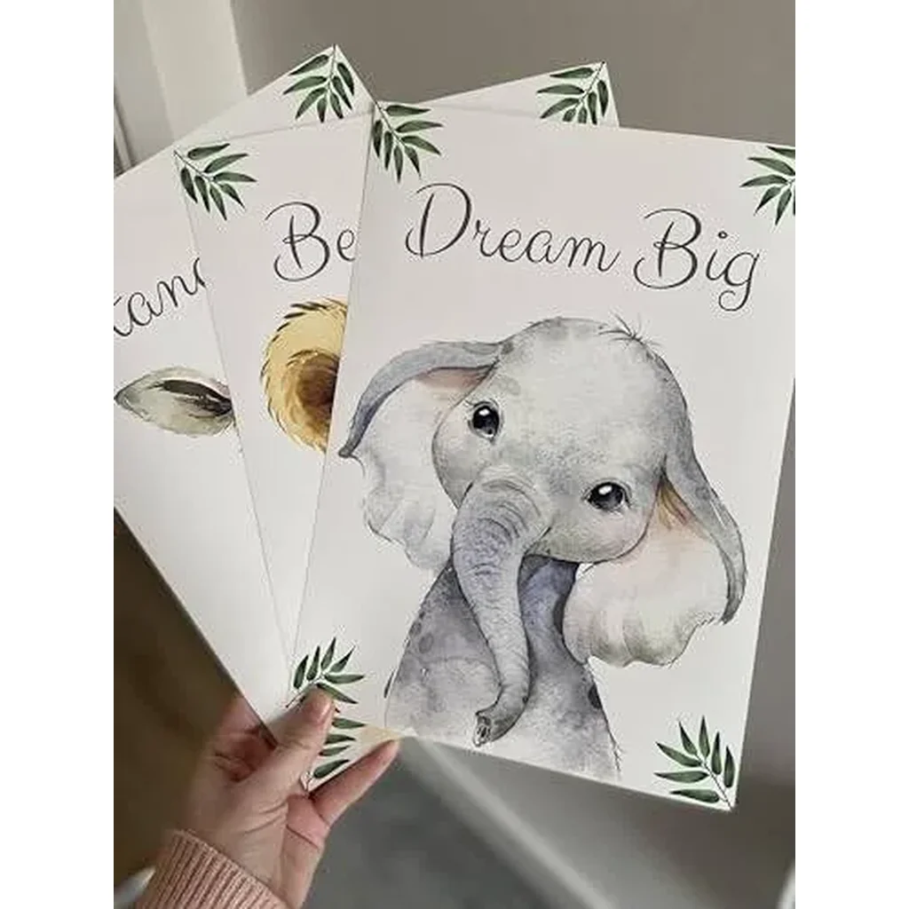 ALAYRA Safari Animals Baby Girl or Boy Nursery Bedroom Set of 3 Unframed Jungle Leaves Quote Nursery Decor Wall Art Gift Present, Giraffe Elephant Lion, Stand Tall Dream Big Be Brave (A3) 01 - Image 3