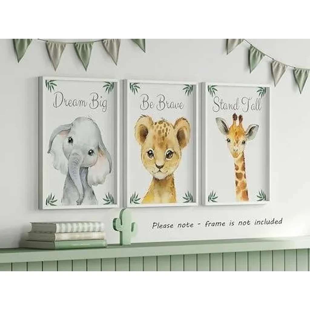 ALAYRA Safari Animals Baby Girl or Boy Nursery Bedroom Set of 3 Unframed Jungle Leaves Quote Nursery Decor Wall Art Gift Present, Giraffe Elephant Lion, Stand Tall Dream Big Be Brave (A3) 01 - Image 5
