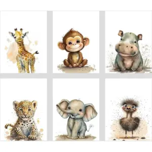 ALAYRA Safari Animals Wall Art - Set of 6 Unframed Wall Prints - Baby Nursery Decor for Boys Girls 01