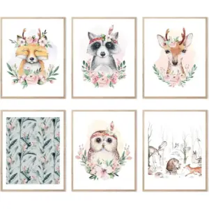 ALAYRA Safari Baby Animals Wall Art Prints, Woodland Cute Owl Deer Jungle Theme Nursery Decor, Boys Girls Kids Room, UNFRAMED (Set of 6, 11x14 Inch) 01