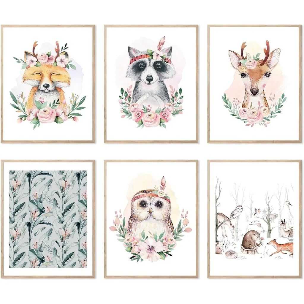 ALAYRA Safari Baby Animals Wall Art Prints, Woodland Cute Owl Deer Jungle Theme Nursery Decor, Boys Girls Kids Room, UNFRAMED (Set of 6, 11x14 Inch) 01
