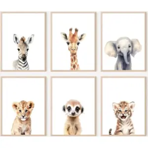 ALAYRA Safari Nursery Wall Art Decor Set of 6 Baby Animal Wall Art Kids Canvas Wall Art Safari Nursery Pictures Jungle Animal Prints Baby Boy Art Giraffe Painting for Room Bedroom 12x16 Inch Unframed