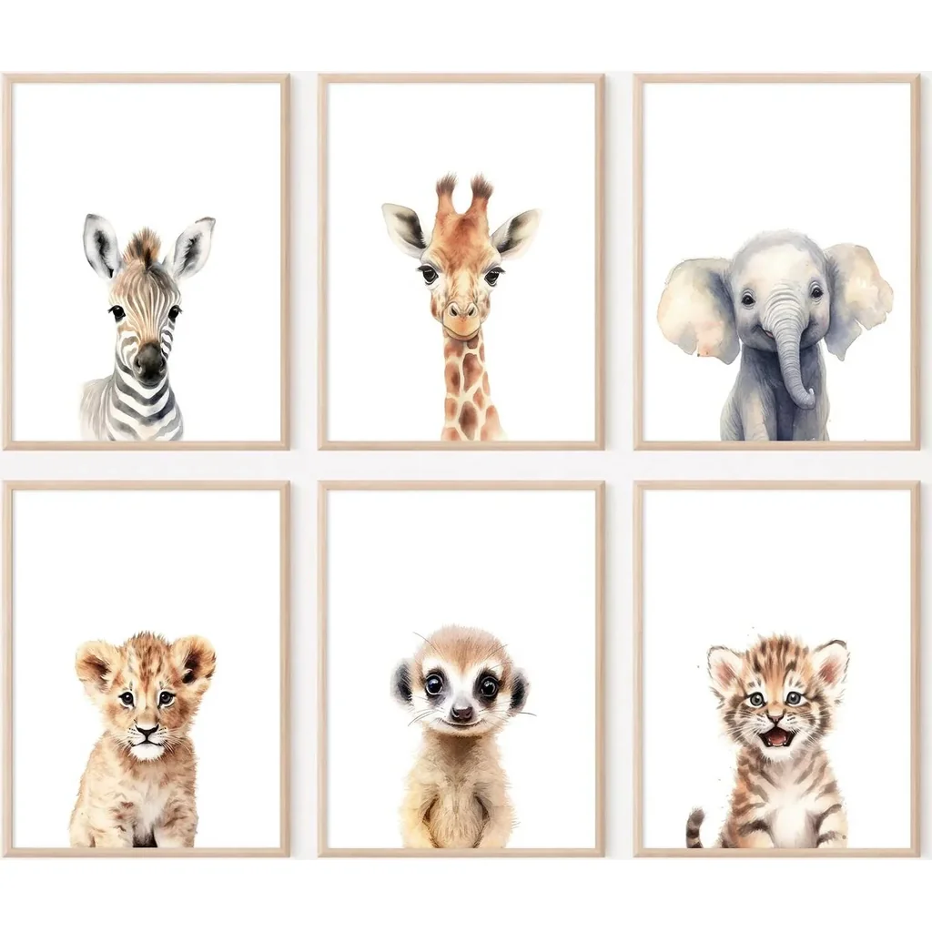 ALAYRA Safari Nursery Wall Art Decor Set of 6 Baby Animal Wall Art Kids Canvas Wall Art Safari Nursery Pictures Jungle Animal Prints Baby Boy Art Giraffe Painting for Room Bedroom 12x16 Inch Unframed