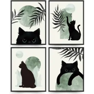 ALAYRA Sage Green Cat Decor Set of 4 - Boho Wall Art, Cute Black Cat Wall Art Aesthetic decor, Cat Poster, Green And Black Room Decor, Cat Themed Gifts for Cat Lovers, 8x10 Unframed (Green) 01