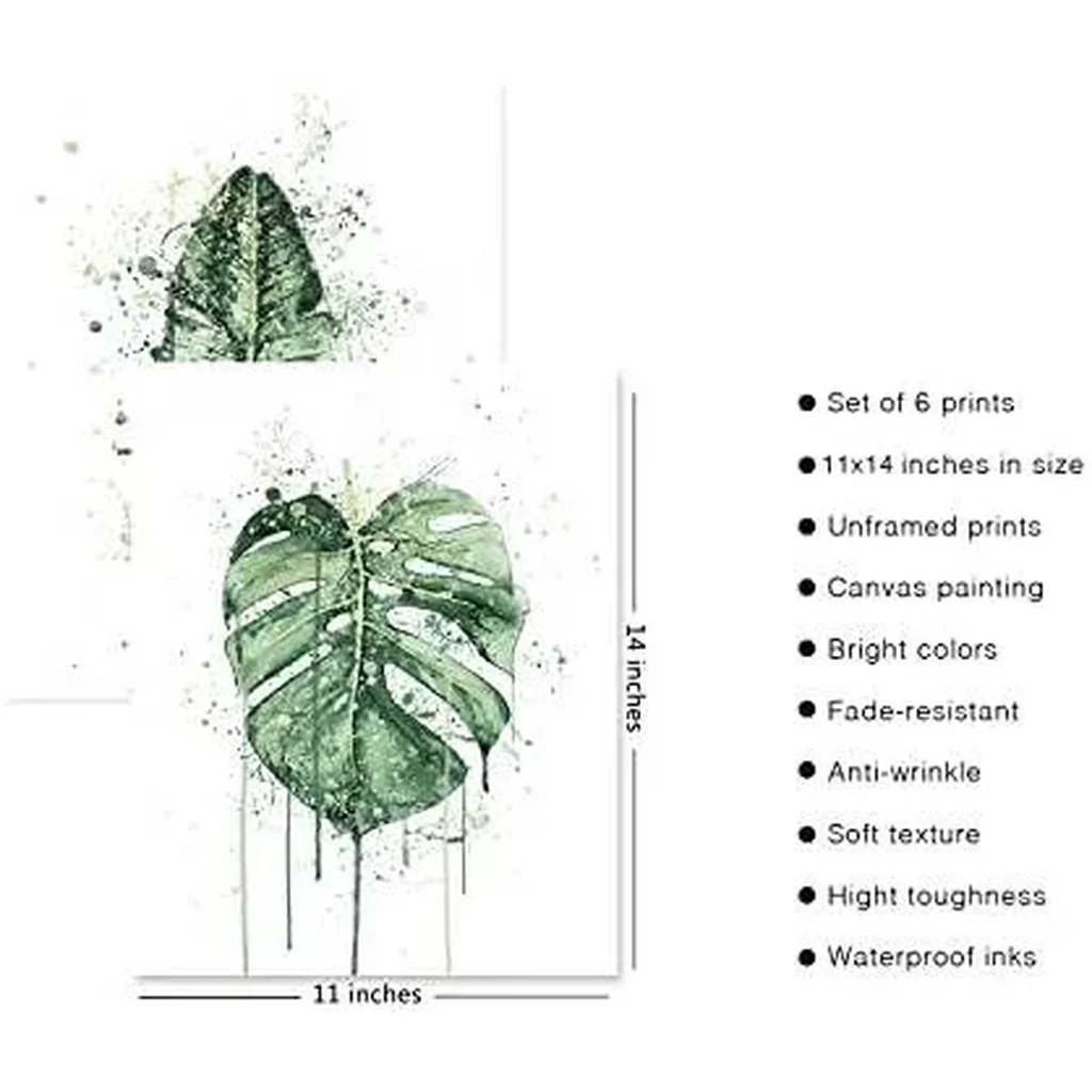 ALAYRA Sage Green Leaf Poster Watercolour Splash Botanical Plant Wall Art Boho Plant Wall Decor Canvas Leaves Prints for Bedroom Livingroom Bathroom Wall Decor (11"x14" UNFRAMED) 01 - Image 4