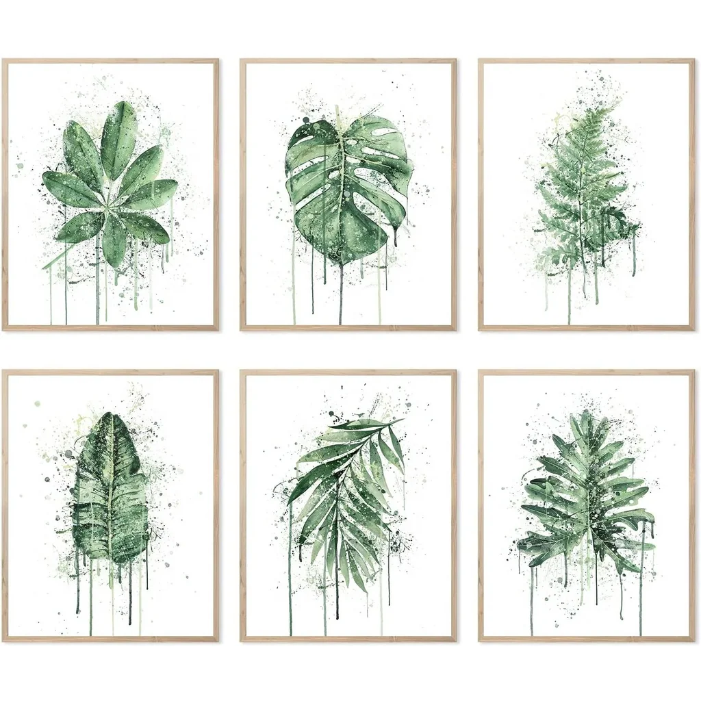 ALAYRA Sage Green Leaf Poster Watercolour Splash Botanical Plant Wall Art Print Boho Plant Wall Decor Canvas Leaves Prints for Kitchen Bedroom Livingroom Bathroom Wall Decor (8"x10" UNFRAMED) 01