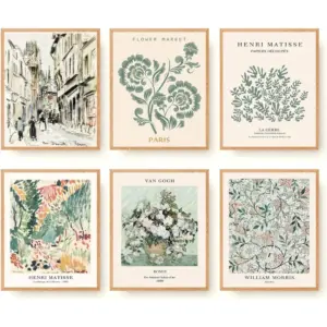 ALAYRA Sage Green Matisse Wall Art Prints Set of 6 Canvas Vintage Aesthetic Abstract Gallery Floral Van Gogh William Morris Flower Market for Bedroom Living Room Decor (11"x14" UNFRAMED) 01