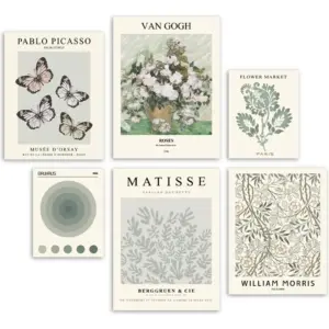 ALAYRA Sage Green Wall Art Prints, Abstract Matisse Wall Art for Room Decor Aesthetic, Vintage Posters for Bedroom Wall Decor, Botanical Retro Wall Art Decor, Unframed, 6 PCS 01