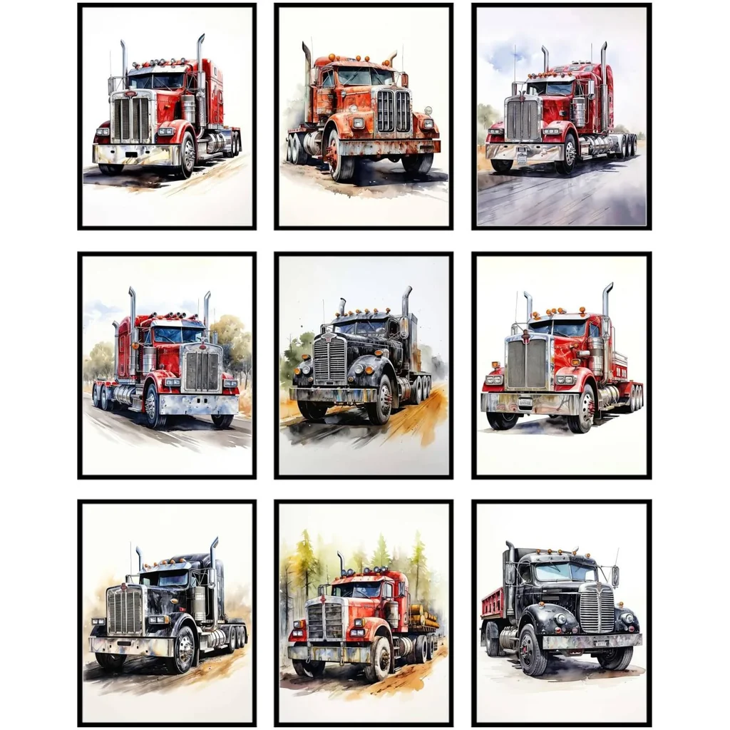 ALAYRA Semi Truck Decor - Construction & Truck Wall Art for Boys Room, 9 Unframed 8x10 Posters 01