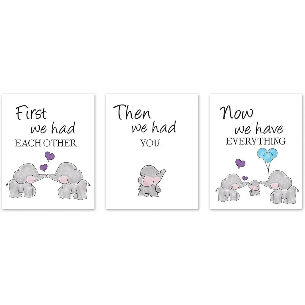 ALAYRA Set of 3 Canvas Pictures For Children's Baby Room Decoration, Baby Elephant Art Print, Elephant Family Love Quote Wall Art Poster, Living Room Bedroom Home Decor Nursery Art Canvas, Unframed 8"