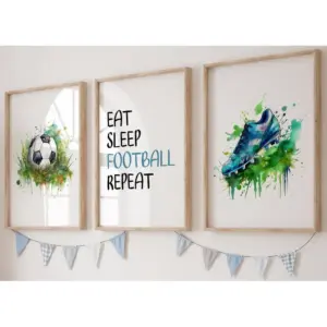 ALAYRA Set of 3 Football Prints Unframed Wall Art with Boots, Ball & Quote, Green Watercolour Splash for Boys & Girls Bedroom - Eat Sleep Football Repeat (A4) 01