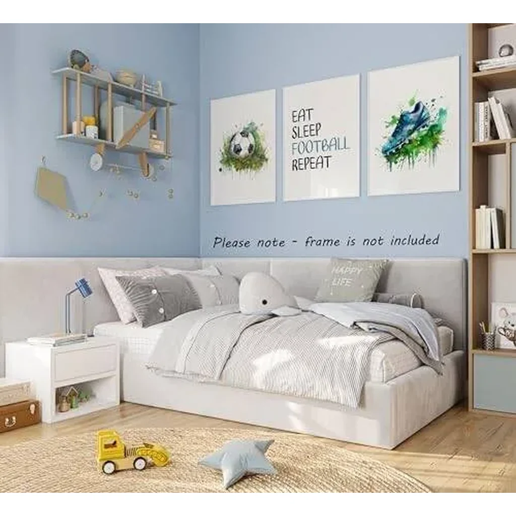 ALAYRA Set of 3 Football Prints Unframed Wall Art with Boots, Ball & Quote, Green Watercolour Splash for Boys & Girls Bedroom - Eat Sleep Football Repeat (A4) 01 - Image 2