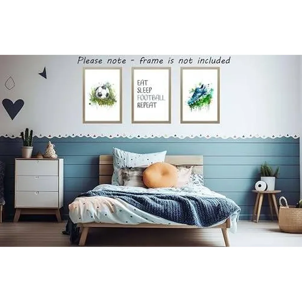 ALAYRA Set of 3 Football Prints Unframed Wall Art with Boots, Ball & Quote, Green Watercolour Splash for Boys & Girls Bedroom - Eat Sleep Football Repeat (A4) 01 - Image 3