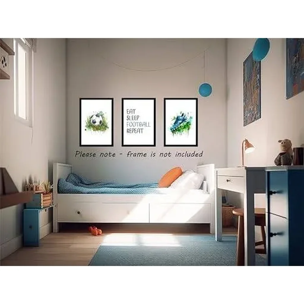ALAYRA Set of 3 Football Prints Unframed Wall Art with Boots, Ball & Quote, Green Watercolour Splash for Boys & Girls Bedroom - Eat Sleep Football Repeat (A4) 01 - Image 4