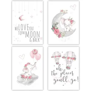 ALAYRA Set of 4 Elephant Baby Nursery Wall Decor Bedroom Wall Art Hot Air Balloon Prints 8"x10"in Nursery Wall Poster For Kids Room Wall Decor(Unframed) 01