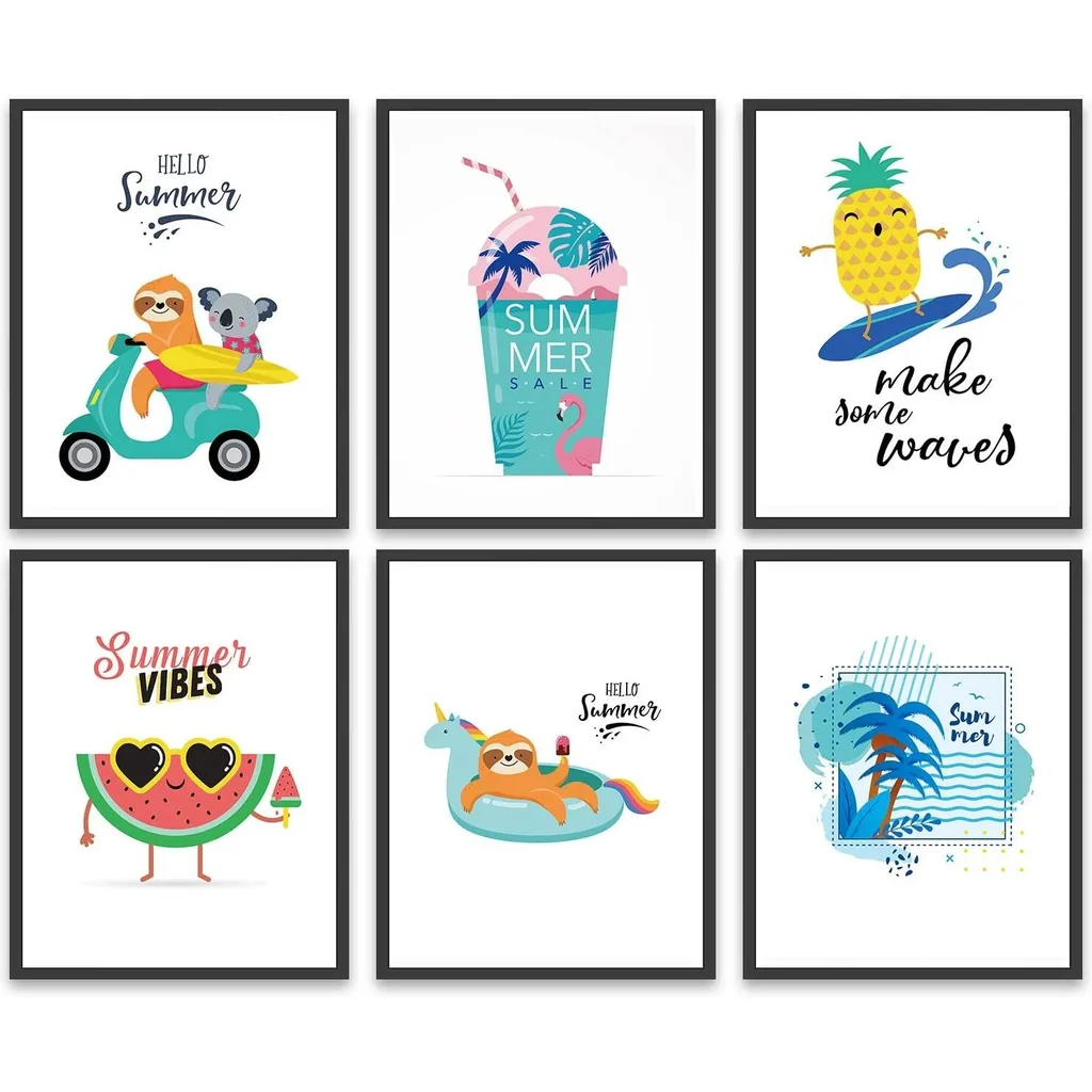 ALAYRA Set of 4 Ocean Beach Decor Summer Holiday Cute Character, Swimming Pool, Cartoon Tropical Prints Posters - Sea Wall Canvas for Bathroom Spa Washroom Seascape Room Decor, Unframed, 8"x10" 01