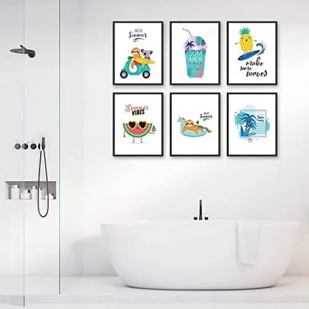 ALAYRA Set of 4 Ocean Beach Decor Summer Holiday Cute Character, Swimming Pool, Cartoon Tropical Prints Posters - Sea Wall Canvas for Bathroom Spa Washroom Seascape Room Decor, Unframed, 8"x10" 01 - Image 4
