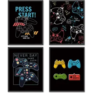 ALAYRA Set of 4 Video Game Decor Colorful Gaming Themed Pictures Boys Room Wall Art Posters Gamepad Shape Gamer Gift for Bedroom Decoration (UNFRAMED, 8" x 10") 01