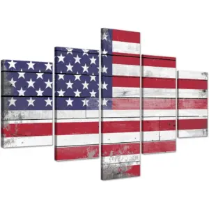 ALAYRA Set of 5 Large American Flag Wall Art, Rustic Flag Picture White Red Blue Star & Stripe Painting On Canvas Patriotic Artwork for Living Room Office Home Decoration, Ready to Hang 60"x 40" Frame
