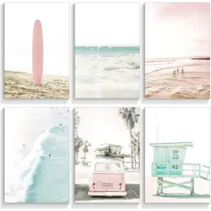 ALAYRA Set of 6 Beach Canvas Wall Art, 8x10in Tropical Summer Ocean Coastal Posters, Preppy Gallery Beach Prints, Girly Nautical Surfboard Bus Room Decor, California Beachy Pictures Unframed 01