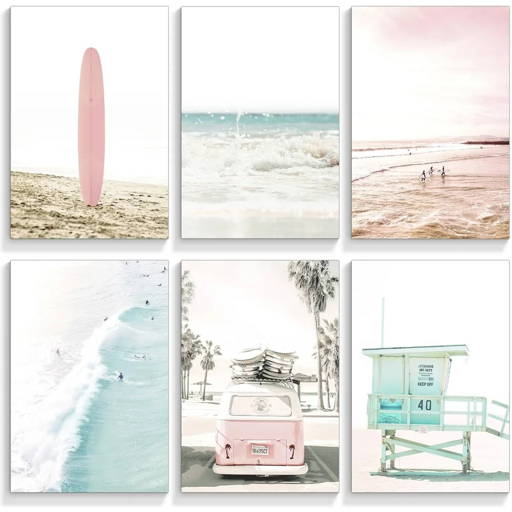 ALAYRA Set of 6 Beach Canvas Wall Art, 8x10in Tropical Summer Ocean Coastal Posters, Preppy Gallery Beach Prints, Girly Nautical Surfboard Bus Room Decor, California Beachy Pictures Unframed 01