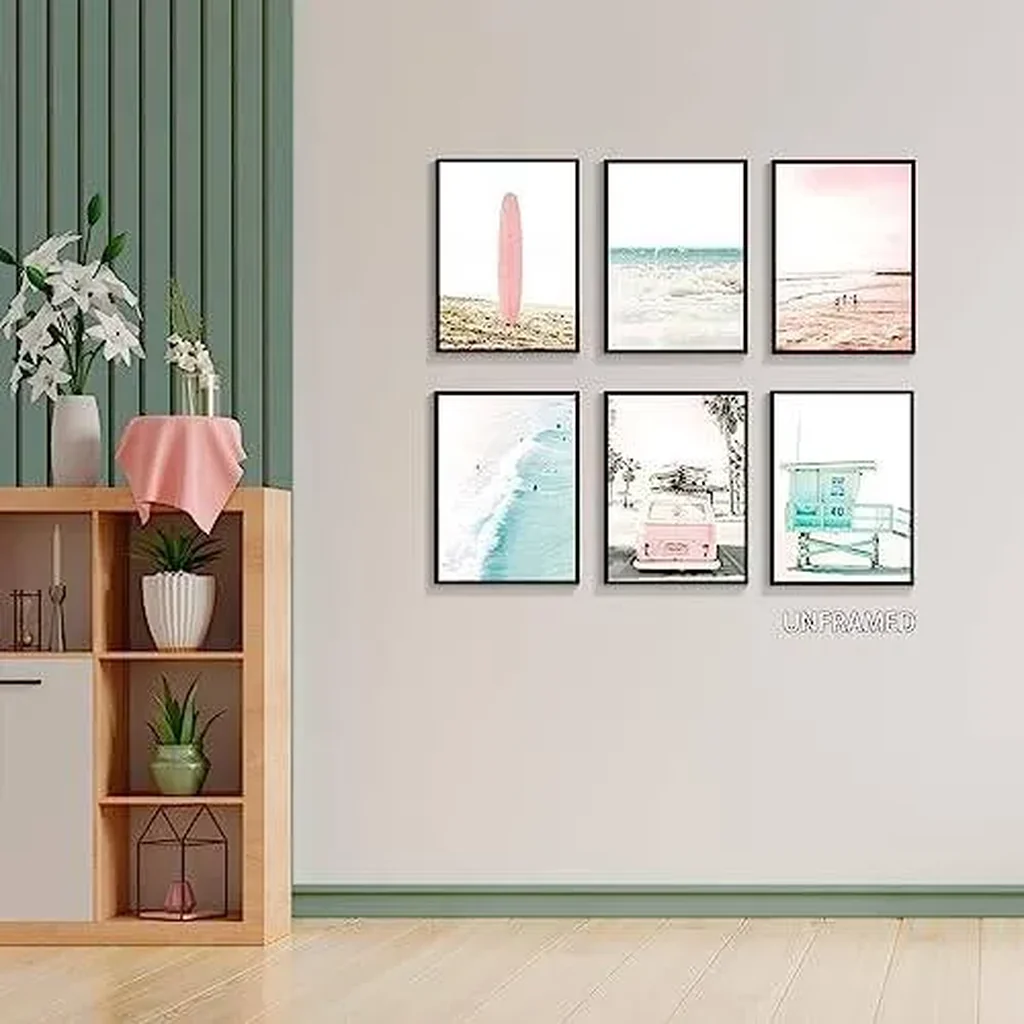 ALAYRA Set of 6 Beach Canvas Wall Art, 8x10in Tropical Summer Ocean Coastal Posters, Preppy Gallery Beach Prints, Girly Nautical Surfboard Bus Room Decor, California Beachy Pictures Unframed 01 - Image 4