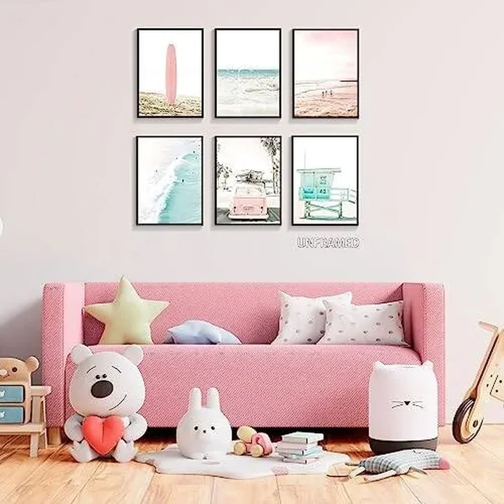 ALAYRA Set of 6 Beach Canvas Wall Art, 8x10in Tropical Summer Ocean Coastal Posters, Preppy Gallery Beach Prints, Girly Nautical Surfboard Bus Room Decor, California Beachy Pictures Unframed 01 - Image 6