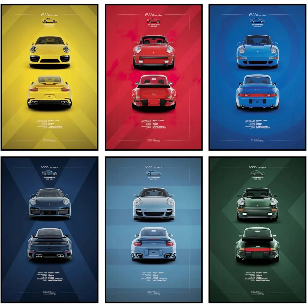 ALAYRA Set of 6 Car Posters, 8x12, Unframed, Canvas Art Print, Porsche, Living Room Decor 01