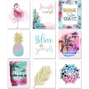 ALAYRA Set of 9 Inspirational Prints Teen Girl Room Wall Art Flamingo Pineapple Leaf Motivational Phrases Posters Girls Bedroom Home Decorations Unframed 01