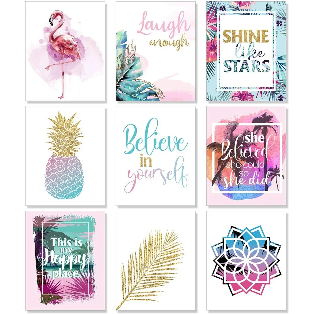 ALAYRA Set of 9 Inspirational Prints Teen Girl Room Wall Art Flamingo Pineapple Leaf Motivational Phrases Posters Girls Bedroom Home Decorations Unframed 01