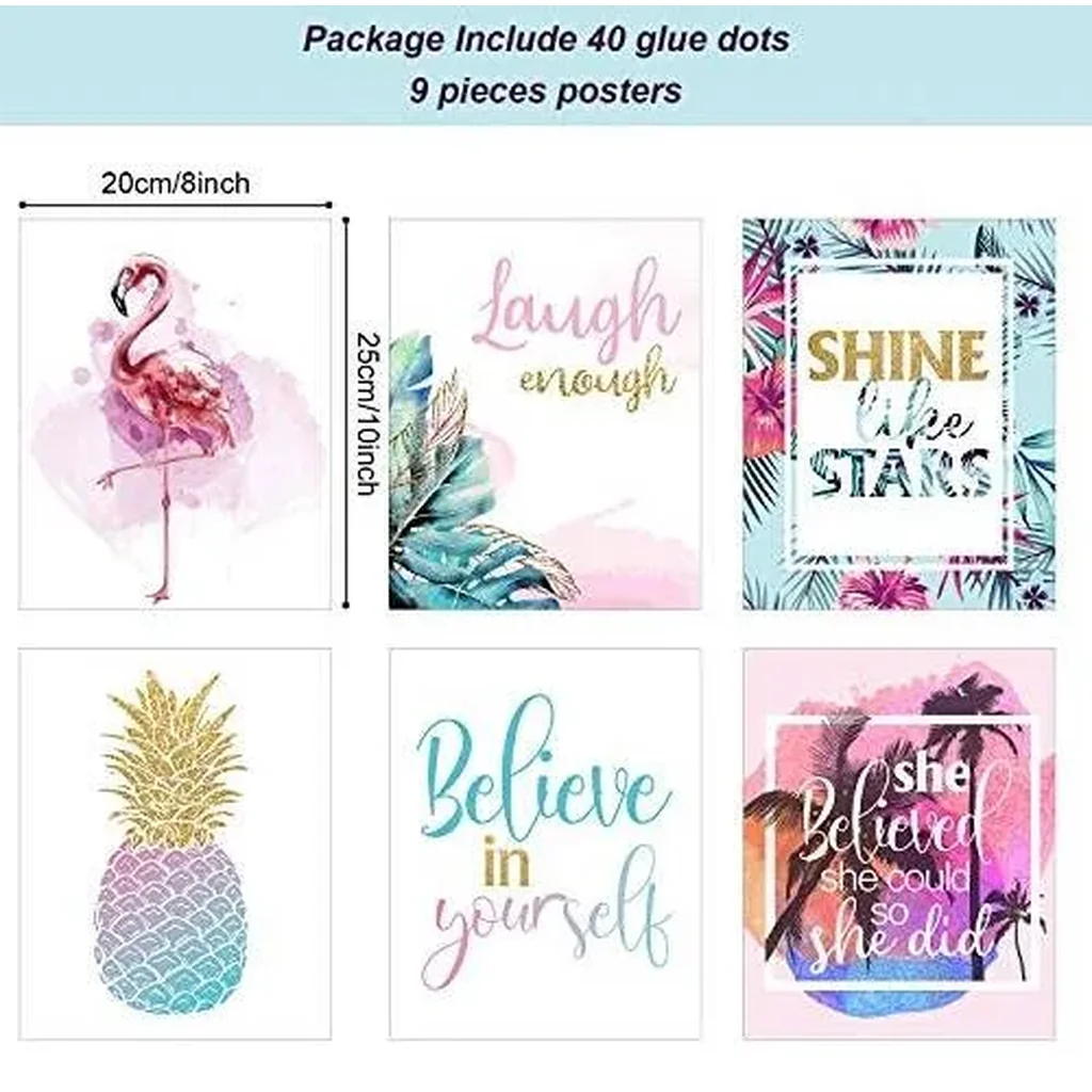 ALAYRA Set of 9 Inspirational Prints Teen Girl Room Wall Art Flamingo Pineapple Leaf Motivational Phrases Posters Girls Bedroom Home Decorations Unframed 01 - Image 2
