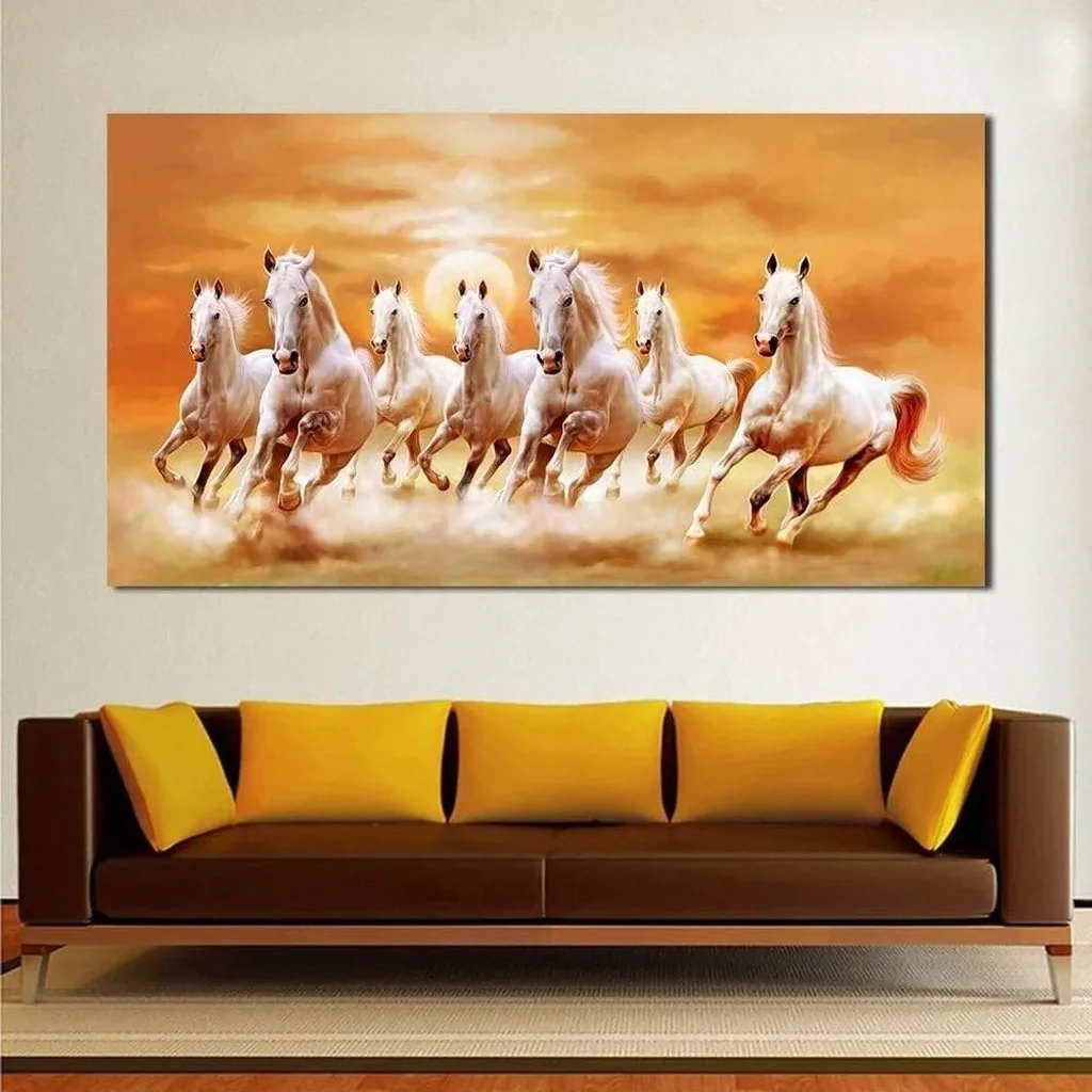 ALAYRA Seven Running Horse Home Decor Paintings On Canvas Posters, 160 cm x 100 cm Size, White 01