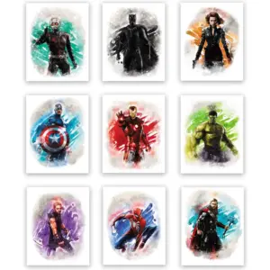 ALAYRA Sight and Sound Art Marvel Avengers Superhero Prints (Unframed) Great Gift Set of 9 (8x10) Decor for Boys Room 01