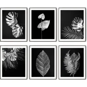 ALAYRA Silver Grey Leaf Wall Art Prints Modern Tropical Botanical Plant Leaf Canvas Prints Poster Black Grey Room Bedroom Office Wall Decor Gallery Wall Art Pictures (Black and Grey, 8"x10" UNFRAMED)