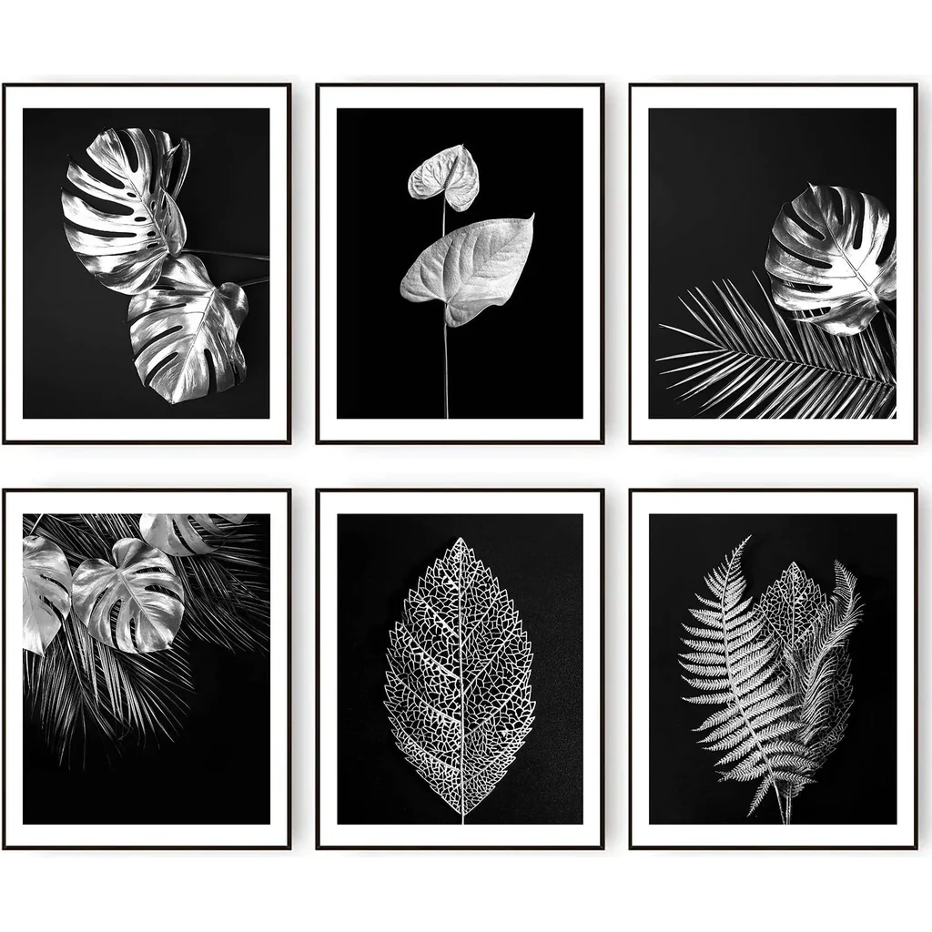 ALAYRA Silver Grey Leaf Wall Art Prints Modern Tropical Botanical Plant Leaf Canvas Prints Poster Black Grey Room Bedroom Office Wall Decor Gallery Wall Art Pictures (Black and Grey, 8"x10" UNFRAMED)