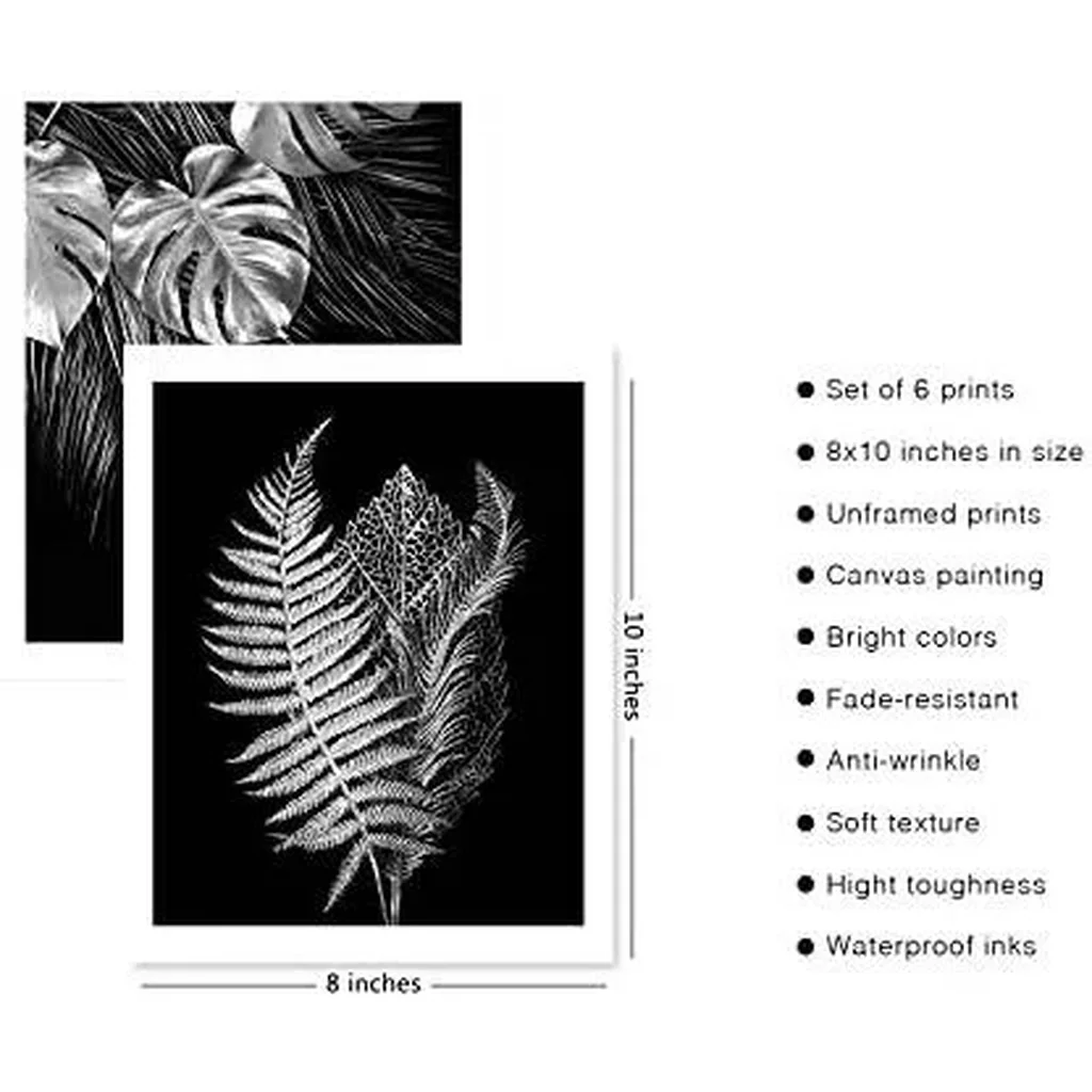 ALAYRA Silver Grey Leaf Wall Art Prints Modern Tropical Botanical Plant Leaf Canvas Prints Poster Black Grey Room Bedroom Office Wall Decor Gallery Wall Art Pictures (Black and Grey, 8"x10" UNFRAMED) - Image 4